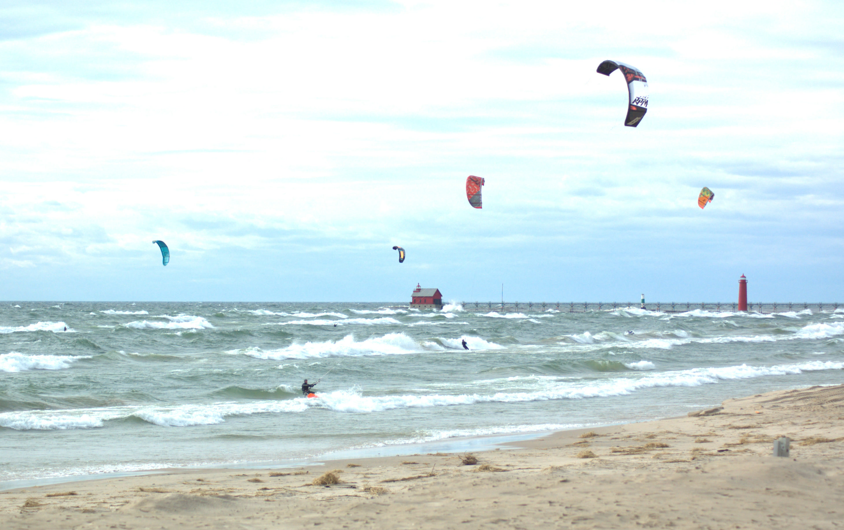 Kiters on the water at Grand Haven